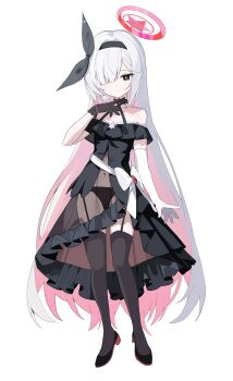 1girl absurdly_long_hair absurdres alternate_costume asymmetrical_gloves bare_shoulders black_bow black_bowtie black_choker black_dress black_eyes black_garter_straps black_gloves black_hairband black_panties black_pantyhose black_ribbon black_shoes black_thighhighs blue_archive bow bow_choker bowtie braid bright_pupils choker closed_mouth collarbone colored_inner_hair covered_navel dot_nose dress elbow_gloves frilled_dress frilled_skirt frills garter_straps gloves hair_between_eyes hair_over_one_eye hair_ribbon hairband halo hand_up high_heels highres iv_(iv70311741) loli long_hair looking_at_viewer mismatched_gloves multicolored_hair navel off-shoulder_dress off_shoulder one_eye_covered panties pantyhose pink-hair pink_hair plana_(blue_archive) red_halo ribbon see-through_clothes see-through_dress see-through_skirt shoes sidelocks simple_background single_braid single_elbow_glove skirt smile solo split_mouth standing star_halo thighhighs two-tone_hair underwear very_long_hair white_background white_bow white_gloves white_hair white_pupils zettai_ryouiki