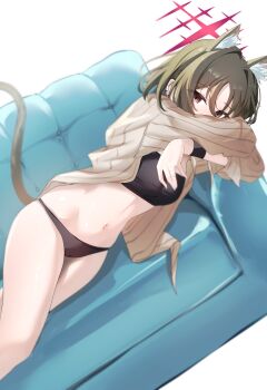 1girl absurdres animal_ear_fluff animal_ears bandeau barbell_piercing bikini bikini_under_clothes black_bandeau black_bikini blue_archive breasts brown_eyes brown_hair cat_ears cat_girl cat_tail commentary_request covered_mouth crossed_arms ear_piercing halo highres industrial_piercing korean_commentary looking_at_viewer lying midriff misaki_(blue_archive) misaki_(swimsuit)_(blue_archive) navel official_alternate_costume on_bed on_side piercing pinstripe_pattern pinstripe_shirt red_halo shirt short_hair solo stomach striped_clothes striped_shirt swimsuit tail variant_set vertical-striped_clothes vertical-striped_shirt yahan_(mctr5253)