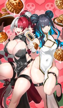 Rule 34 | 2girls, absurdres, bare shoulders, black dress, black hair, blue hair, braid, braided ponytail, breasts, china dress, chinese clothes, cleavage, cleavage cutout, clothing cutout, colored inner hair, commentary request, covered navel, double bun, dress, earrings, eyeliner, fate/grand order, fate (series), food, gold trim, grey eyes, grin, hair bun, highres, jewelry, large breasts, long hair, looking at viewer, makeup, matsunaga hisahide (fate), multicolored hair, multiple girls, open mouth, pelvic curtain, ponytail, red eyes, red hair, shibao aoyama, sidelocks, silver trim, small breasts, smile, sparkle, split-color hair, tassel, tassel earrings, tenochtitlan (fate), thigh strap, thighs, tray, white dress, white hair, wrist cuffs