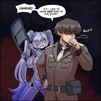 Rule 34 | 1boy, 1girl, armpit cutout, belt, belt buckle, belt pouch, black belt, bodysuit, breasts, brown hair, buckle, chair, cinderella (nikke), cleavage, clothing cutout, commander (nikke), commentary, commission, english commentary, faceless, faceless male, folded chair, folding chair, gloves, goddess of victory: nikke, hair over eyes, hair over one eye, highres, holding, holding chair, improvised weapon, jacket, jerk douglas, large breasts, leg cutout, long hair, military jacket, military uniform, necktie, one eye covered, pouch, red eyes, second-party source, see-through bodysuit, see-through clothes, see-through skirt, short hair, skirt, stomach cutout, twintails, very long hair, white bodysuit, white hair, white necktie