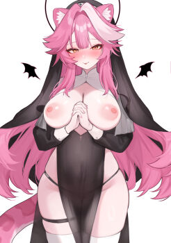 1girl :p absurdres alternate_costume animal_ears black_coif black_dress blush breastless_clothes breasts breasts_out center-flap_bangs cleavage commentary cowboy_shot cross demon_wings double-parted_bangs dress guimpe halo highres hololive hololive_english hoshi_usagi large_breasts long_hair long_sleeves looking_at_viewer mini_wings multicolored_hair nipples nun own_hands_clasped own_hands_together panther_ears panther_girl panther_tail panty_straps pelvic_curtain pink_hair raora_panthera sidelocks simple_background sleeve_cuffs solo streaked_hair symbol-only_commentary tail thigh_strap thighhighs tongue tongue_out very_long_hair virtual_youtuber white_background white_streaks white_thighhighs wings yellow_eyes