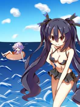 bare_shoulders beach bikini black_hair breasts cleavage cloud feet float gekijigen_tag:_blanc_+_neptune_vs_zombie_gundan hair_ornament hairclip haooy highres kuromazin19 long_hair medium_breasts navel neptune_(neptunia) neptune_(series) noire_(neptunia) ocean open_mouth purple_eye purple_hair red_eyes ribbon rubber_ring short_hair sky small_breasts smile swimsuit thighs toes tsundere twintails water
