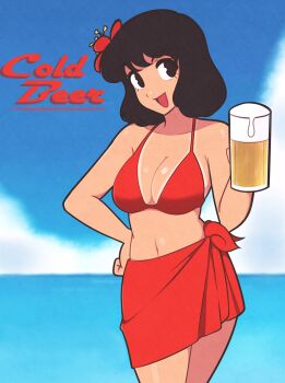 1girl absurdres beer_glass bikini bikini_tan black_eyes black_hair blue_sky cloud collarbone cup day drinking_glass flower hair_flower hair_ornament hand_on_own_hip highres holding holding_cup jeff_miga looking_at_viewer navel ocean open_mouth original outdoors red_bikini revision short_hair sky smile solo swimsuit tan tanline