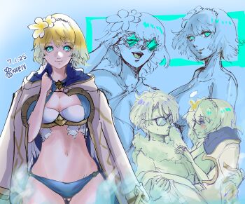 1boy 1girl alternate_breast_size_(larger) aqua_hair artist_name bikini blonde_hair blue_bikini blush borrowed_clothes breasts carrying cleavage commentary dated english_commentary fire_emblem fire_emblem_heroes fjorm_(fire_emblem) fjorm_(summer)_(fire_emblem) flower gluteal_fold hair_flower hair_ornament highres jacket jacket_on_shoulders kiran_(fire_emblem) large_breasts looking_at_another male_kiran_(fire_emblem) multicolored_hair navel nintendo official_alternate_costume princess_carry profile short_hair smile star-shaped_eyewear star_(symbol) stomach sunglasses swimsuit two-tone_hair yellow_flower yoltablaze