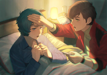 2boys :o bad_id bad_pixiv_id bed blanket blue_eyes blue_shirt blush bracelet brown_hair chromatic_aberration cup digital_thermometer fever gundam gundam_zz hand_on_another&#039;s_forehead holding holding_thermometer indoors jacket jewelry judau_ashta kamille_bidan long_sleeves looking_at_another male_focus multiple_boys open_clothes open_jacket open_mouth pillow red_jacket shion_(ajisionn) shirt short_hair sick sweat thermometer under_covers yellow_shirt