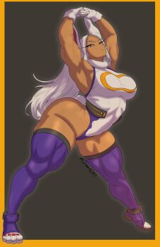 1girl animal_ears armpits arms_up artsream boku_no_hero_academia breasts commentary dark-skinned_female dark_skin gloves highres large_breasts leotard long_eyelashes long_hair looking_at_viewer mirko parted_bangs rabbit_ears rabbit_girl rabbit_tail red_eyes smile solo stretching symbol-only_commentary tail thick_thighs thighhighs thighs toned white_hair