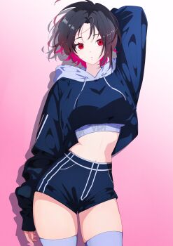 1girl absurdres arm_behind_head black_hair cropped_jacket gradient_hair hashtag-only_commentary high-waist_shorts highres hood hooded_jacket jacket kisaragi_ren_(vtuber) long_sleeves looking_at_viewer mamitasu_(m2ts_mogmog) midriff multicolored_hair navel_peek red_eyes red_hair short_hair short_shorts shorts solo thighhighs virtual_youtuber vspo!