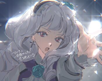 1girl :o aikatsu!_(series) aikatsu_stars! blunt_bangs commentary_request cross cross_earrings drill_hair earrings flower grey_hair hand_up idol jewelry long_hair looking_at_viewer open_hand open_mouth poteto_(mochimochinc) red_eyes rose shirogane_lily solo translation_request upper_body