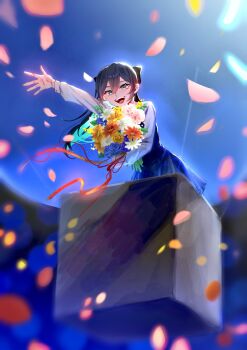 1girl absurdres ado_(utaite) black_hair blue_eyes blue_hair blue_skirt bouquet chando_(ado) commentary falling_petals flower hair_ornament highres holding holding_bouquet long_hair long_sleeves looking_at_viewer mole mole_under_eye open_mouth petals shirt skirt solo uoy69995 watashi_ni_hanataba waving white_shirt yodaka_(ado)