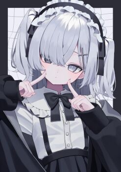 +_+ 1girl black_border black_bow black_jacket black_ribbon black_skirt border bow bowtie broken_heart_earrings buttons cheek_poking closed_mouth collared_shirt commentary_request cross_hair_ornament crossed_bangs dress_shirt earrings eyeliner eyes_visible_through_hair frilled_hairband frilled_shirt_collar frills grey_eyes grey_hair grid_background hair_bow hair_ornament hair_over_one_eye hairband head_tilt heterochromia highres jacket jewelry long_hair long_sleeves looking_at_viewer makeup multiple_hair_bows open_clothes open_jacket original oversized_jacket pleated_skirt poking ribbon round_collar shirt sidelocks single_earring skirt sleeves_past_wrists solo squallea suspenders swept_bangs symbol-shaped_pupils two_side_up upper_body white_shirt