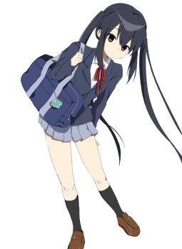 1girl bag black_hair black_socks blue_bag blue_shirt brown_eyes brown_shoes closed_mouth expressionless full_body grey_skirt highres k-on! long_hair nakano_azusa red_ribbon ribbon sakuragaoka_high_school_uniform school_bag school_uniform shirt shoes simple_background skirt socks solo twintails uuuuua07 white_background