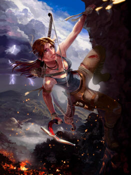 1girl animal blood bow_(weapon) brown_eyes brown_hair cloud female_focus fire gun highres lara_croft lightning long_hair mountain solo storm tank_top thunder tomb_raider tomb_raider_(reboot) weapon