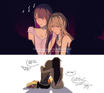 Rule 34 | 2girls, absurdres, arm around shoulder, black hair, blue eyes, blue tank top, breasts, brown hair, cleavage, closed eyes, closed mouth, columbina (genshin impact), commentary, contemporary, eighth note, english commentary, english text, filipino text, genshin impact, highres, long hair, medium breasts, mixed-language text, multilingual text, multiple girls, musical note, pink shirt, purple streaks, sandrone (genshin impact), shirt, silhouette, speech bubble, sunnywintr, tank top, yuri