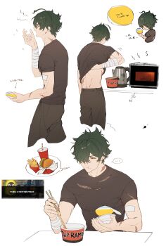 ... 1boy :t arrow_(symbol) avocaboo_(zenless_zone_zero) bandaged_arm bandages bandaid bandaid_on_arm bangboo_(zenless_zone_zero) black_pants black_shirt bug burger chopsticks closed_eyes closed_mouth clothes_lift cockroach coffee_pot commentary_request counter crossed_bangs cup cup_ramen disposable_cup eating food french_fries game_screenshot_inset green_eyes green_hair hair_over_one_eye hand_up highres holding holding_chopsticks insect korean_commentary lifting_own_clothes lighter_(zenless_zone_zero) male_focus microwave multiple_views noodles one_eye_covered open_mouth pants parted_bangs ramen scar scar_on_arm scar_on_back shirt shirt_lift short_hair short_sleeves simple_background sonson_hand speech_bubble spoken_ellipsis t-shirt thought_bubble torn_clothes torn_shirt translation_request upper_body white_background yawning zenless_zone_zero