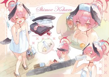 1girl black_wings blue_archive blush bottle character_name commentary_request drinking geta hair_bun halo hat head_wings highres holding holding_bottle koharu_(blue_archive) kokko_(kokko3045) korean_commentary low_wings monkey multiple_views naked_towel nose_blush pink_eyes pink_hair shirt speech_bubble thought_bubble towel towel_on_head unworn_hat unworn_headwear unworn_shirt wings