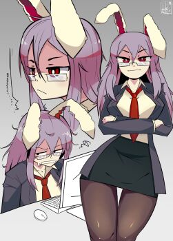 1girl animal_ears annoyed arms_under_breasts black_jacket black_pantyhose black_skirt blazer breasts clenched_teeth commentary computer computer_keyboard computer_mouse crossed_arms desk dushiido english_commentary feet_out_of_frame glasses hair_between_eyes highres jacket large_breasts leaning_to_the_side long_hair long_sleeves messy_hair miniskirt multiple_views necktie office_lady open_clothes open_jacket pantyhose pencil_skirt purple_hair rabbit_ears rabbit_girl rectangular_eyewear red_eyes red_necktie reisen_udongein_inaba scowl shirt signature sitting skirt smirk speech_bubble squiggle sweatdrop teeth thigh_gap touhou v-shaped_eyebrows white_shirt