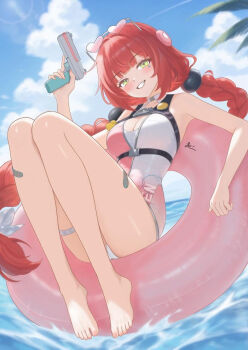 1girl afloat bare_legs barefoot blush braid braided_twintails breasts camera camera_around_neck cleavage dress_swimsuit eyewear_on_head facial_mark feet green_eyes hair_ornament hearing_aid heart heart-shaped_eyewear heart_facial_mark highres holding holding_water_gun innertube long_hair looking_at_viewer low_twin_braids nail_polish ocean official_alternate_costume on_innertube one-piece_swimsuit outdoors pink_one-piece_swimsuit red_hair rin_(rin0214tw) sitting smile solo sphere_hair_ornament swim_ring swimsuit thigh_strap toenail_polish toenails toes twin_braids twintails two-tone_one-piece_swimsuit ukinami_yuzuha ukinami_yuzuha_(tanuki_in_broad_daylight) very_long_hair water water_gun white_one-piece_swimsuit zenless_zone_zero