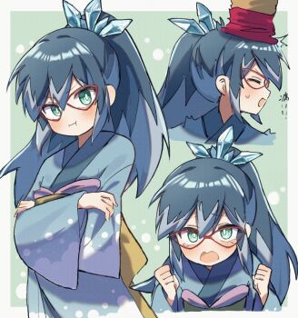 1girl blue_eyes blue_hair blue_kimono crossed_arms cup fubukihime holding holding_cup japanese_clothes kimono long_hair looking_at_viewer multicolored_hair multiple_views open_mouth red-framed_eyewear two-tone_hair unnchi_haha youkai_(youkai_watch) youkai_watch