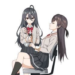 2girls ahoge animated animated_gif black_eyes black_hair black_skirt black_socks black_vest blazer bow bowtie breasts brown_jacket chair closed_eyes closed_mouth collared_shirt crossed_legs cup dot_nose female_focus flat_chest hand_fan holding holding_cup huge_filesize jacket kimishima_ayano legs long_hair long_sleeves medium_breasts miniskirt multiple_girls pleated_skirt red_bow red_bowtie school_uniform seiren_academy_school_uniform shirt shirt_under_vest simple_background sitting skirt socks suou_yuki sweatdrop teacup thighs tokidoki_bosotto_roshia-go_de_dereru_tonari_no_alya-san vest wavy_hair white_background white_shirt