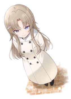 Rule 34 | 1girl, abiko hiromi, arms behind back, artist name, assault lily, black shoes, blue eyes, blush, brown hair, buttons, closed mouth, coat, commentary request, dutch angle, flower, from above, full body, fur-trimmed coat, fur trim, hair flower, hair ornament, inoguchi minto, long hair, long sleeves, looking at viewer, parted bangs, sett, shoes, sidelocks, smile, solo, standing, white background, white coat, white flower, winter clothes, winter coat, x hair ornament