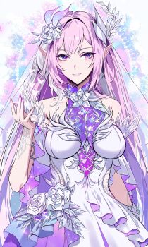 1girl absurdres aer007580 armlet bare_shoulders breasts cyrene_(demiurge)_(honkai:_star_rail) cyrene_(honkai:_star_rail) dress fingernails flower hair_flower hair_ornament hand_up highres honkai:_star_rail honkai_(series) jewelry large_breasts long_fingernails long_hair long_pointy_ears looking_at_viewer multicolored_hair nail_polish parted_lips pink_hair pink_nails pointy_ears purple_eyes sidelocks smile solo streaked_hair upper_body veil very_long_hair white_dress white_flower white_veil