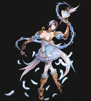 1girl armor armored_boots black_hair blue_dress boots breasts cleavage commentary_request detached_sleeves dress ezu_(leejiyu) feathers floating floating_object floating_weapon full_body gauntlets gold_trim hair_bun high_heel_boots high_heels highres king&#039;s_raid layered_dress medium_breasts official_alternate_costume official_art puffy_detached_sleeves puffy_short_sleeves puffy_sleeves short_sleeves shoulder_armor single_hair_bun smile solo white_dress white_feathers xerah_(king&#039;s_raid) yellow_eyes