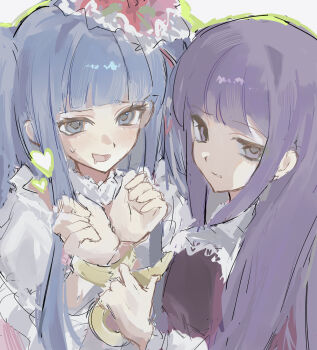 2girls absurdres blue_eyes blue_hair blunt_bangs bound bound_wrists drooling drowningt49 frederica_bernkastel furudo_erika headshot heart highres long_sidelocks looking_at_viewer looking_back mouth_drool multiple_girls parted_lips purple_eyes purple_hair sidelocks smile striped_blush sweat twintails umineko_no_naku_koro_ni yuri