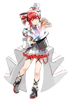 1girl absurdres ahoge alternate_costume arm_garter ascot baguette black_boots black_shirt boots bread closed_eyes closed_mouth collared_shirt drill_hair food full_body grey_skirt hat highres holding holding_food holding_unworn_clothes holding_unworn_hat kasane_teto magic_trick mini_hat mini_top_hat mp777b petticoat pleated_skirt red_hair shirt short_hair simple_background skirt sleeveless sleeveless_jacket sleeveless_shirt smile solo standing standing_on_one_leg top_hat twin_drills unworn_hat unworn_headwear utau white_background wrist_cuffs