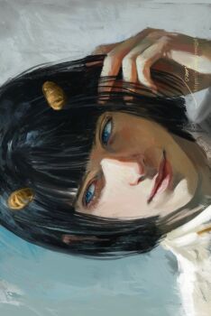 1boy adjusting_hair bishounen black_hair blue_eyes blunt_bangs bob_cut bruno_bucciarati commentary hair_ornament hairclip highres jacket jojo_no_kimyou_na_bouken jomijjd lips looking_to_the_side male_focus pink_lips short_hair sideways solo symbol-only_commentary vento_aureo white_jacket