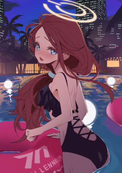 1girl absurdres arms_at_sides ass bare_back bare_shoulders black_one-piece_swimsuit blue_archive blue_eyes blush breasts building city_lights clothing_cutout dripping frilled_one-piece_swimsuit frills hair_ornament hair_scrunchie halo highres hiyayakko_(jfky2528) innertube loli long_hair looking_at_viewer looking_back looking_to_the_side midriff moon moon_reflection night night_sky one-piece_swimsuit open_mouth palm_tree pool pool_float red_hair reflection scrunchie sky small_breasts stomach_cutout swim_ring swimsuit tree very_long_hair yellow_halo yuzu_(blue_archive)