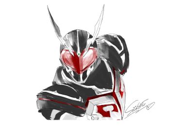 armor black_armor black_helmet character_request copyright_request helmet kamen_rider red_eyes simple_background tokusatsu upper_body white_background zijing_zhuge