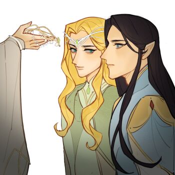 1other 2boys black_hair blonde_hair blue_eyes circlet closed_mouth cousins elf finrod_felagund gem issa_crimson jewelry long_hair looking_at_another male_focus multiple_boys parted_bangs pointy_ears profile sidelocks simple_background the_silmarillion tolkien&#039;s_legendarium turgon upper_body white_background
