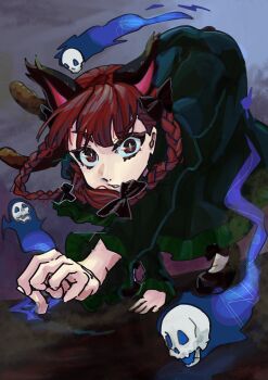 Rule 34 | 1girl, animal ears, arm support, bent over, black background, black bow, black shoes, bow, braid, bright pupils, cat ears, cat girl, cat tail, commentary, dress, extra ears, full body, green dress, hair bow, high heels, highres, hitodama, kaenbyou rin, long sleeves, multiple tails, parted lips, red eyes, red hair, shoes, side braids, skull, solo, tail, touhou, twin braids, two tails, white pupils, yuke yukima