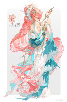 absurdly_long_hair absurdres armlet artist_name back blue_dress blue_eyes bracelet chinese_commentary choker closed_mouth collar commentary_request dagger dress english_text from_behind gradient_clothes gradient_dress gradient_hair grey_background hair_between_eyes hair_ornament highres jewelry knife long_hair looking_at_viewer looking_back megurine_luka multicolored_hair no_bra pearl_hair_ornament pink_hair ponytail purple_eyes seashell shell shell_hair_ornament simple_background very_long_hair vocaloid waist_cape water waves weapon white_background white_dress yifei_ba_chi
