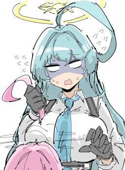 2girls ahoge ahoge_removed aqua_hair bagaponchi black_gloves blank_eyes blue_archive breasts collared_shirt gloves halo highres hoshino_(blue_archive) large_breasts long_sleeves multiple_girls open_mouth pink_hair shaded_face shirt simple_background white_background white_shirt yellow_halo yume_(blue_archive)