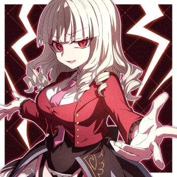 Rule 34 | breasts, commentary, curly hair, frills, garter straps, gold trim, jacket, large breasts, long hair, looking at viewer, necktie, pink necktie, red eyes, red jacket, red vest, satan (umineko), showgirl skirt, smile, stakes of purgatory, symbol-only commentary, umibenokurage, umineko no naku koro ni, vest, white hair