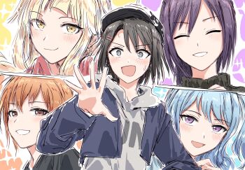 5girls @_@ bang_dream! baseball_cap black_hair black_hat blonde_hair blue_hair blush brown_eyes closed_eyes closed_mouth grey_hoodie hat hello_happy_world! highres hood hood_down hoodie kitazawa_hagumi long_hair matsubara_kanon multiple_girls okusawa_misaki open_mouth orange_hair purple_eyes purple_hair seta_kaoru short_hair tsurumaki_kokoro yellow_eyes yukitake_(xuserpost)