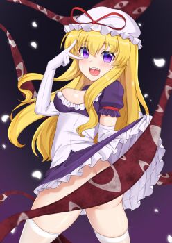 Rule 34 | 1girl, akasaka sato, blonde hair, blush, breasts, commentary request, dress, elbow gloves, falling petals, frilled dress, frills, gap (touhou), gloves, hat, hat ribbon, highres, large breasts, long hair, looking at viewer, mob cap, no panties, open mouth, paid reward available, petals, puffy short sleeves, puffy sleeves, purple dress, purple eyes, red ribbon, ribbon, short sleeves, smile, solo, thighhighs, touhou, very long hair, white gloves, white hat, white petals, white thighhighs, yakumo yukari