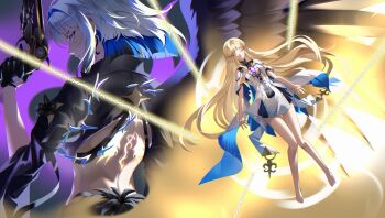 Rule 34 | 2girls, absurdres, back tattoo, black flower, black jacket, blake bloom (wuthering waves), blonde hair, blue hair, cartethyia (wuthering waves), closed mouth, commentary, cropped jacket, earrings, english commentary, flower, galbrena (wuthering waves), grey hair, gun, highres, holding, holding gun, holding weapon, i a n, jacket, jewelry, long hair, medium hair, multiple earrings, multiple girls, pointy ears, purple eyes, sideways glance, tabard, tacet mark (wuthering waves), tattoo, weapon, white tabard, wuthering waves