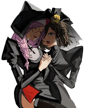 Rule 34 | 2girls, black veil, braid, brown hair, closed eyes, fiona gilman, fiona gilman (divine light), flower, glasses, hagtiquarian, holding hands, identity v, juliet sleeves, long sleeves, multiple girls, nun, open mouth, pink hair, puffy sleeves, rose, round eyewear, side braid, tearing up, upper body, veil, vera nair, vera nair (yearning), yellow flower, yellow rose, yuri