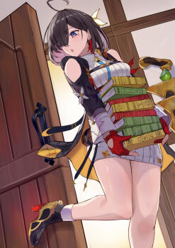 1girl ahoge atelier_(series) atelier_yumia bare_legs bare_shoulders blue_necktie book boots breasts brown_hair collar colored_inner_hair door fingerless_gloves gloves hair_ornament high_heel_boots high_heels highres holding holding_book indoors long_sleeves multicolored_hair necktie open_mouth oramustat pile_of_books potion purple_eyes red_gloves short_hair wooden_door yumia_liessfeldt