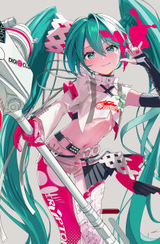 absurdres asymmetrical_gloves asymmetrical_sleeves belt black_gloves blue_hair closed_mouth cropped_shirt elbow_gloves feet_out_of_frame fingerless_gloves fingernails flat_chest gloves goodsmile_company goodsmile_racing grey_background hair_between_eyes hatsune_miku highres holding holding_megaphone hxk4_n leaning_to_the_side long_hair long_sleeves looking_at_viewer megaphone mismatched_gloves navel panties pants pink_gloves pink_nails pink_panties racing_miku racing_miku_(2025) short_sleeves twintails underwear uneven_sleeves very_long_hair vocaloid white_belt white_pants