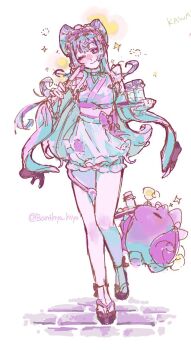 1girl artist_name banthyo_hiyo bare_shoulders black_sandals bloomers blue_hair blue_kimono blue_sleeves blush bow bow-shaped_hair bow_hairband breasts calligraphy_brush closed_mouth colored_skin commentary_request creature dango_milk_(genshin_impact) detached_sleeves frills full_body genshin_impact hairband hands_up highres holding holding_calligraphy_brush holding_paintbrush holding_tray japanese_clothes kimono long_hair long_sleeves looking_at_viewer medium_breasts multicolored_hair one_eye_closed paintbrush pink_hairband pink_pupils pink_sash pink_skin pointy_ears purple_bow purple_eyes purple_hair sandals sash short_kimono simple_background smile socks solo sparkle standing tray two-tone_hair underwear wavy_hair white_background white_bloomers white_socks wide_sleeves yumemizuki_mizuki