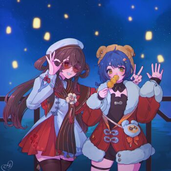 2girls absurdres adjusting_eyewear balcony blue_hair braid brown_hair brown_scarf brown_thighhighs coat commission commissioner_upload cowboy_shot dress food fur-trimmed_coat fur_trim genshin_impact grin hair_ornament hairclip hat highres holding holding_food hu_tao_(cherries_snow-laden)_(genshin_impact) hu_tao_(genshin_impact) kokomi_(aniesuakkaman) lantern long_hair long_sleeves looking_at_viewer multiple_girls nail_polish night night_sky non-web_source official_alternate_costume one_eye_closed paper_lantern red-tinted_eyewear red_coat red_nails scarf signature skindentation sky smile teeth thick_eyebrows thigh_strap thighhighs tinted_eyewear twin_braids twintails v waving white_dress white_hat xiangling_(genshin_impact) xiangling_(new_year&#039;s_cheer)_(genshin_impact) yellow_eyes yellow_hat yellow_nails