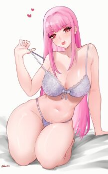 1girl :p absurdres adammaarr arm_support bare_arms bare_shoulders blunt_bangs bra breasts commentary heart highres hololive hololive_english large_breasts long_hair looking_at_viewer mori_calliope navel panties pink_hair red_eyes seiza shiny_skin simple_background sitting skindentation solo strap_pull string_panties symbol-only_commentary tongue tongue_out twitter_username underwear underwear_only very_long_hair virtual_youtuber white_background white_bra white_panties