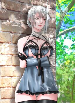 1girl backless_outfit bandaged_arm bandaged_leg bandaged_neck bandages black_gloves braid breasts flower gloves grey_hair hair_flower hair_ornament highres kaine_(nier) large_breasts lingerie momo_usagi negligee nier nier_(series) panties short_hair solo underwear weapon white_hair