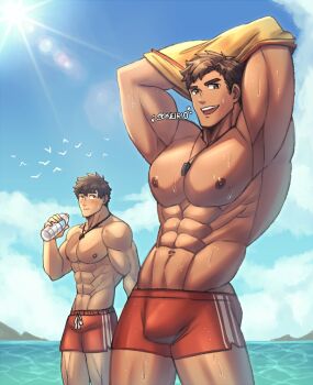 Rule 34 | 2boys, abs, bara, beach, brown hair, bulge, closed mouth, highres, large pectorals, lifeguard, looking at another, looking at viewer, male focus, male swimwear, mature male, multiple boys, muscular, muscular male, navel, nipples, oneirio, open mouth, original, pectorals, red male swimwear, short hair, shorts, smile, summer, swim trunks, topless male, wet, whistle, whistle around neck