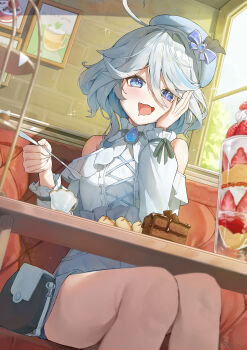 1girl ahoge alternate_costume bag beret blue_eyes blue_gem blue_hair blue_hat cake cake_slice commentary_request detached_sleeves drooling drop-shaped_pupils food fruit furina_(genshin_impact) gem genshin_impact hair_between_eyes hand_on_own_cheek hand_on_own_face handbag hat heterochromia highres holding holding_spoon indoors krux_(k_krux) long_hair mismatched_pupils mouth_drool multicolored_hair open_mouth solo sparkle spoon strawberry streaked_hair symbol-shaped_pupils white_hair