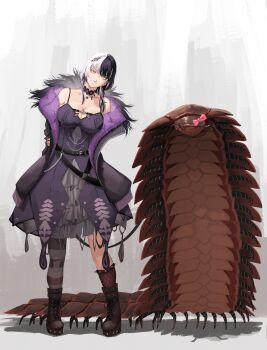 1girl absurdres animal arms_behind_back arthropod black_boots black_choker black_coat black_dress black_hair black_thighhighs boots bow breasts bug choker cleavage closed_mouth coat dress highres hololive hololive_english large_breasts long_hair looking_at_viewer mairu_(myru263) multicolored_hair oversized_animal oversized_bug pink_bow shiori_novella shiori_novella_(1st_costume) single_thighhigh smile split-color_hair standing thighhighs two-tone_hair virtual_youtuber white_hair yellow_eyes