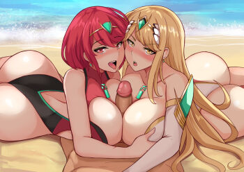 1boy 2girls ass beach blonde_hair blush breasts collarbone competition_swimsuit cooperative_paizuri dual_persona grabbing_another&#039;s_breast groping hair_between_eyes huge_ass lainart large_breasts long_hair looking_at_viewer lying matching_hair/eyes multiple_girls mythra_(xenoblade) on_back one-piece_swimsuit open_mouth paizuri penis pov pyra_(pro_swimmer)_(xenoblade) pyra_(xenoblade) red_eyes red_hair short_hair smile swimsuit teamwork_(sexual) tongue tongue_out uncensored water xenoblade_chronicles_(series) xenoblade_chronicles_2 yellow_eyes